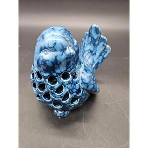 Ceramic Blue Bird Votive Holder  Pierced Vintage Accent with Mottled Glaze